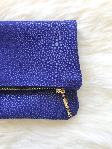 Clare V. Foldover Clutch in Blue Pebble with Red Zipper